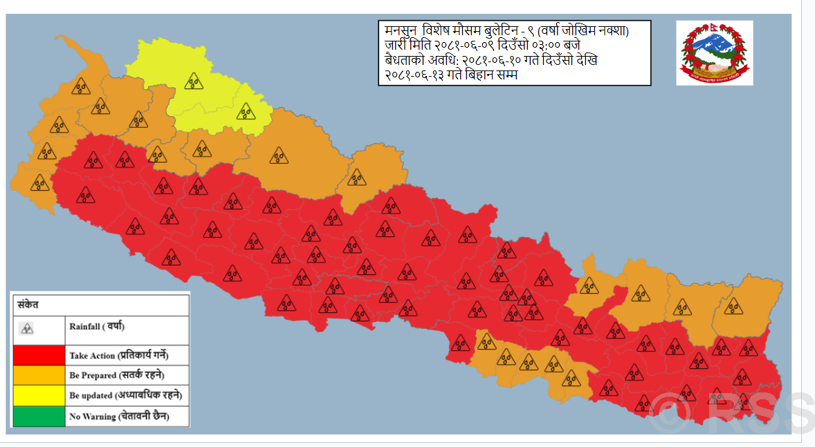 कोशी, बागमती, गण्डकी र लुम्बिनीका केही स्थानमा भारी वर्षा हुने