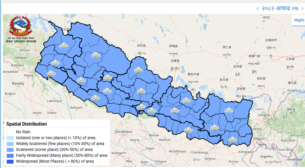 पहाडी भूभागको धेरै स्थानमा वर्षाको सम्भावना